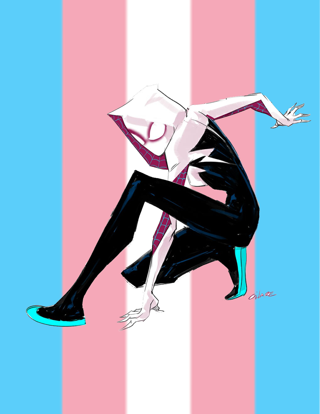 spider-gwen doing the classic spidey landing pose with a vertical trans pride flag background